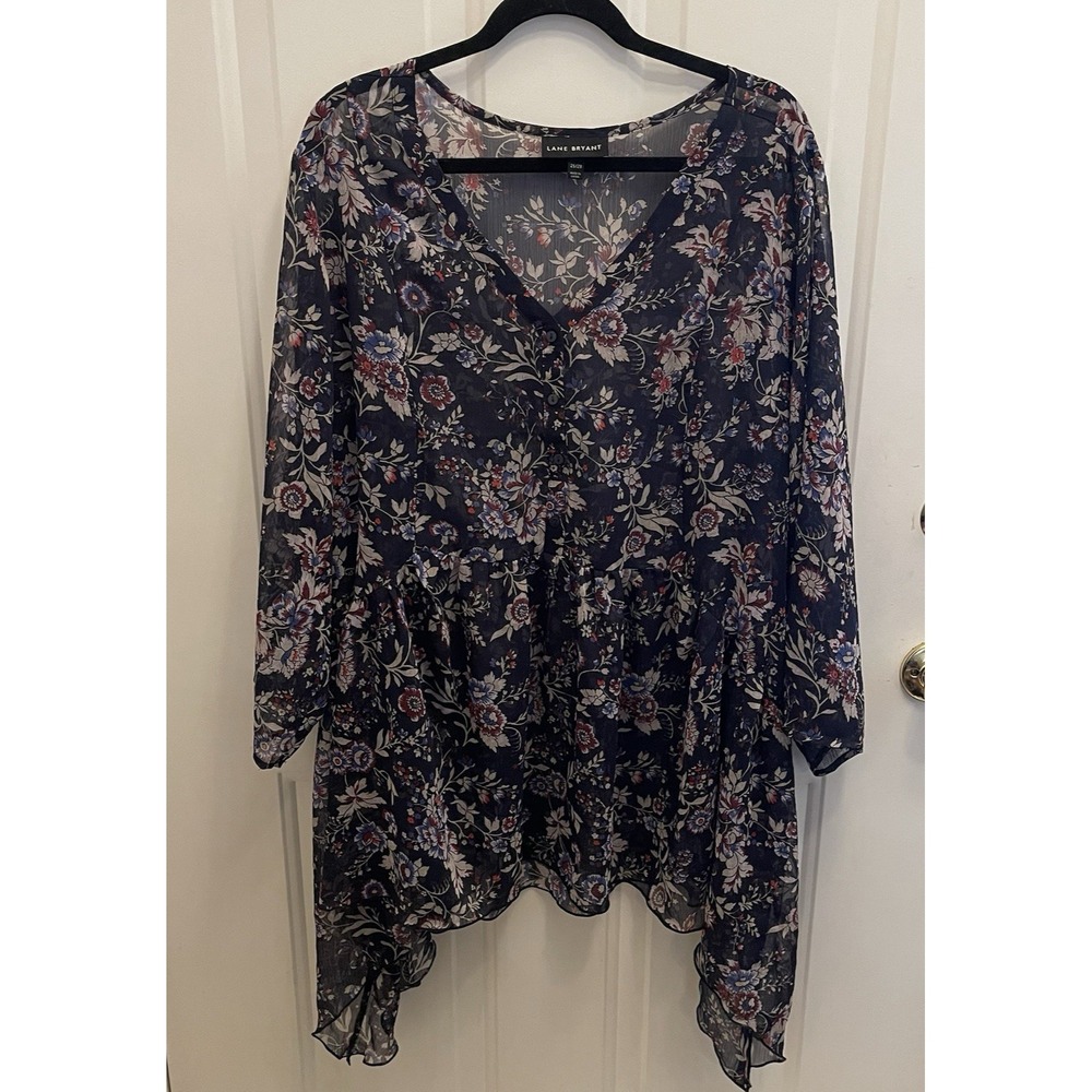 LANE BRYANT 26/28Sheer Navy Blue Floral Chiffon Asymmetrical Babydoll Tunic Boho - Picture 2 of 9